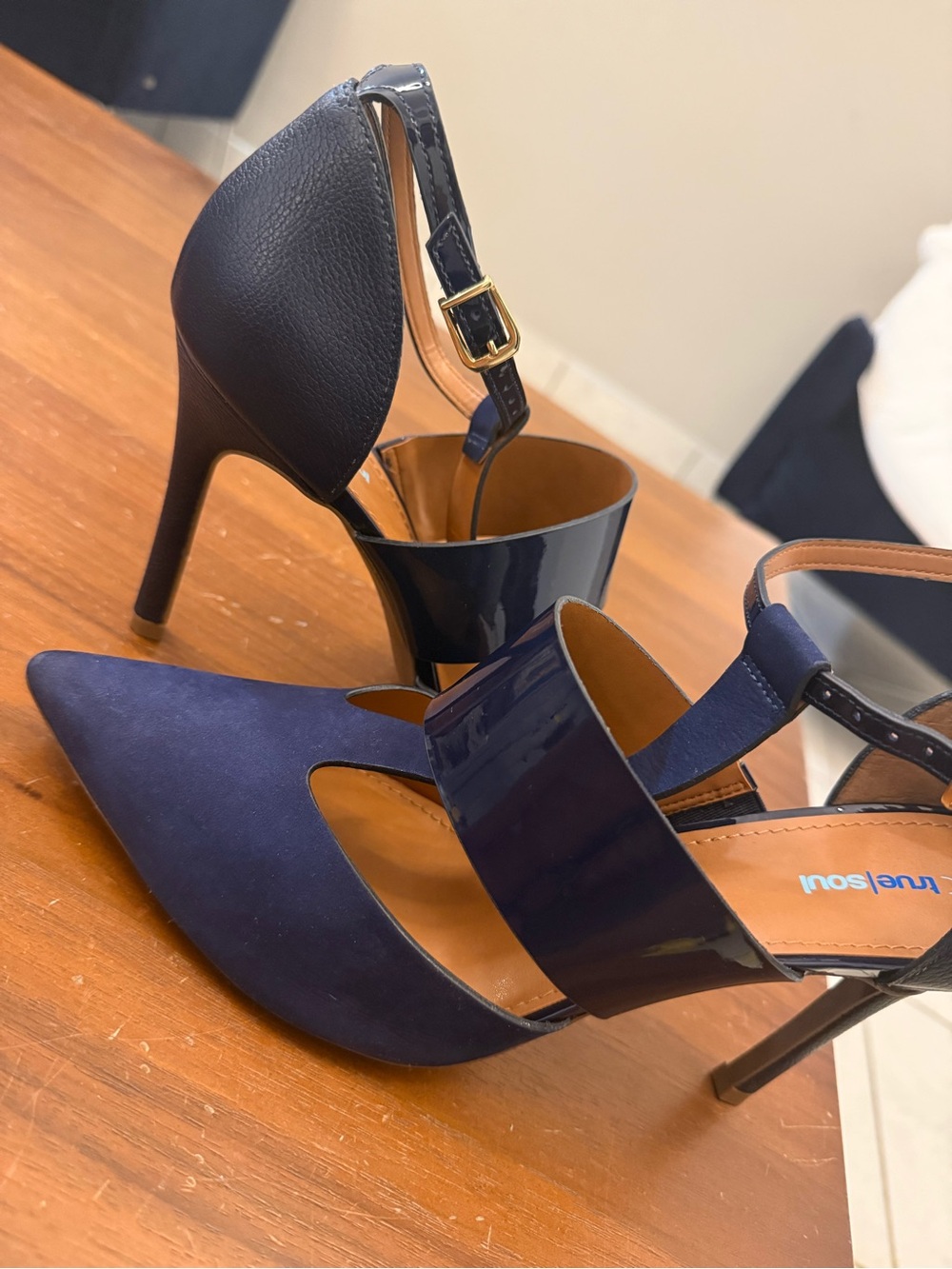 Navy Pointed D'Orsay Ankle-Strap Heels